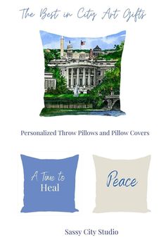 two pillows with the words peace on them and an image of the capitol building in washington