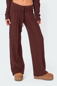 Pants Adjustable tie waistband Cable knit fabric Matching set Polyester, Rayon Model wears size S Model height is 5'8 Item care: Wash with similar color Cable Knit Pants, Fabric Matching, Cozy Pants, Winter Pants, Swimwear Dress, Fall Fits, Knit Hoodie, Knit Pants, Knit Set