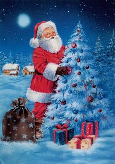 a painting of santa claus standing next to a christmas tree with presents in front of it