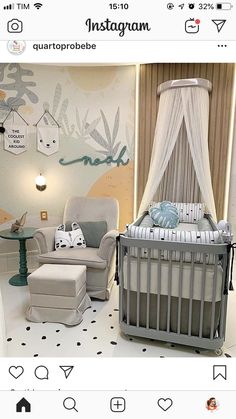 a baby's room with a crib and chair