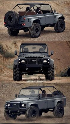 four different jeeps are shown in three different pictures, one is grey and the other is black