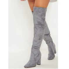 Grey Suede Over The Knee Boots By Pretty Little Things. Gorgeously Crafted Over The Knee Boots. Perfect With Jeans, Dresses And Skirts. Look Stylish This Season With These Beauties While They Last! Brand New In The Box. Purchased And Never Worn.. Size 8 (39 Euro)Fits Like An 8.5. Offers Welcome! Comes With Box & 2 Shoe Bags. Knee High Boots Uk, Grey Knee High Boots, Over The Knee Boot Outfit, Knee Boots Outfit, Black Leather Knee High Boots, Pointed Boots, High Boots Outfit, Snakeskin Boots, Grey Heels