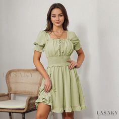 Lasaky - Folded Bubble Short Sleeve Dress with Waist Pleats and Backless Strappy Detail Mini Dress Backless, Summer Princess, Shirred Waist Dress, Backless Dress Short, Pleated Dresses, Sundresses Women, Drawstring Dresses, Lantern Sleeve Dress, Backless Mini Dress