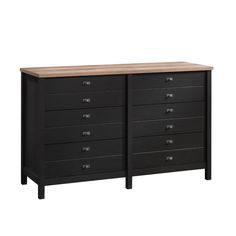 a black dresser with wooden top and drawers