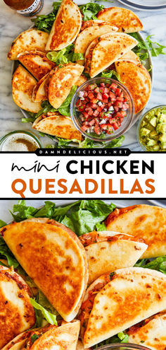 Whip up these easy mini chicken quesadillas! Your tailgating party must have this football food idea. Made with rotisserie chicken, refried beans, and cheese, this mini quesadilla recipe is a crowd-pleasing game day appetizer! Mini Chicken Quesadillas, Mini Quesadillas, Bowl Party Food, Salsa Chicken, Superbowl Snacks, Super Bowl Party, Superbowl Party Food, Chicken Quesadillas