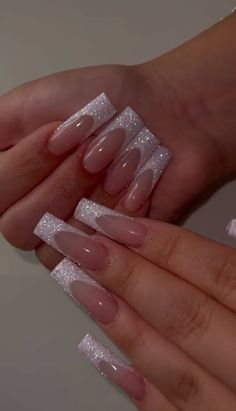 Long Glittery Nails, Sparky White Nails, White Sparkle Acrylic Nails, Sparkly Nails Coffin, Glittery White Nails, White Glittery Nails, White Sparkly Nails, White Sparkle Nails, Glitter French Tips