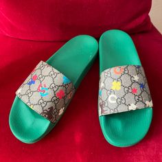 Super Cute Brand New Gucci Gg Logo Slippers. It Is Children Size 38 Equal To Adults Size 6 But I Am 6.5 And I Can Wear It Also. Green Gucci Sandals For Summer, Gucci Green Sandals With Branded Insole, Gucci Green Sandals With Round Toe, Green Flat Gucci Sandals, Designer Green Gucci Sandals, Designer Green Flat Sandals, Gucci Green Summer Sandals, Designer Gucci Green Sandals, Gucci Green Flat Sandals