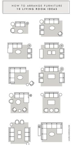 the different types of furniture are shown in black and white, with text that reads how to arrange furniture 10 living room ideas