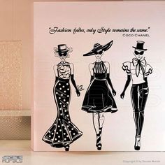 three women in dresses and hats with the words fashion today, only style remains the same