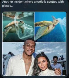 two people standing next to each other in front of pictures of sea animals and turtles