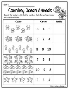 counting ocean animals worksheet for kids to practice counting and number recognition with numbers