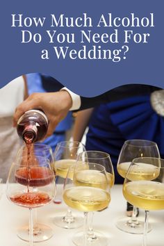 wine being poured into glasses with the words how much alcohol do you need for a wedding?