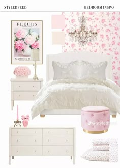 a bedroom with pink and white decor on the walls, dressers, bedding and pillows