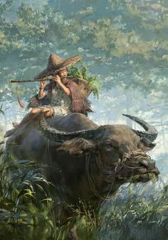 two men riding on the back of an ox