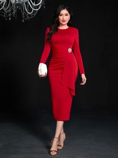 Red Elegant Collar Long Sleeve Knitted Fabric Plain Bodycon Embellished Medium Stretch  Women Clothing Black Romper Shorts, Plus Size Mini Dresses, Midi Dress Plus Size, Plus Size Romper, Sheer Skirt, Scarf Dress, Multi Dress, Plus Size Maxi Dresses, Women Long Dresses