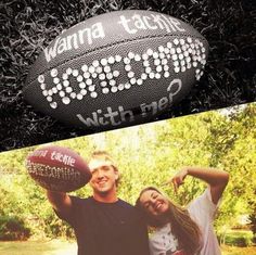 an image of a man and woman holding a football in front of them with words on it