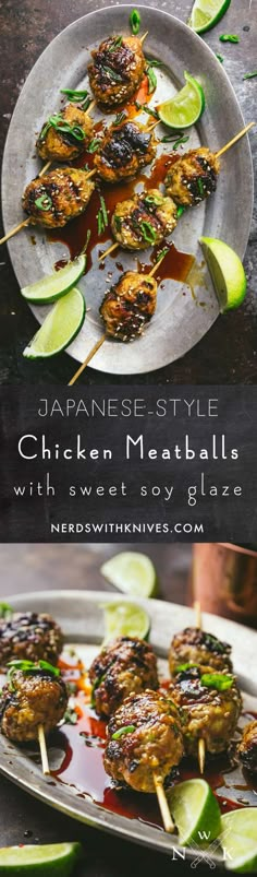 chicken meatballs with sweet soy glaze and sliced cucumbers on skewers