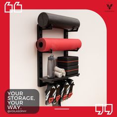 there is a shelf with yoga mats and other items on it that says your storage way