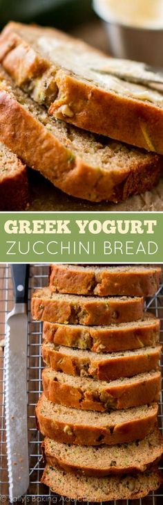 this is an image of greek yogurt zucchini bread sliced on a cooling rack