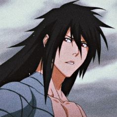 an anime character with long black hair standing in front of the sky and looking to his left