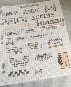 a sheet of paper with the words sunday and sun written on it in cursive writing