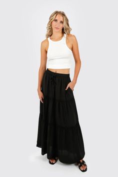 Casual Tiered Maxi Skirt With Gathered Detail, Tiered Maxi Skirt For Day Out, Chic Tiered Maxi Skirt With Elastic Waistband, Casual Tiered Maxi Skirt For Beach, Relaxed Tiered Maxi Skirt With Elastic Waistband, Casual Tiered Maxi Skirt For Day Out, Day Out Tiered Maxi Skirt, Vacation Tiered Skirt With Drawstring, Relaxed Tiered Maxi Skirt For Vacation