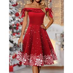 Season:Winter,Fall; Fabric:Polyester; Sleeve Length:Short Sleeve; Look After Me:Machine wash; Gender:Women's; Style:Streetwear,Modern,Fashion; Elasticity:Micro-elastic; Occasion:Party,Vacation,Date,Going out; Fit Type:Regular Fit; Dresses Type:Red Christmas Dress,Winter Dress,Print Dress,Slip Dress,Swing Dress,A Line Dress; Pattern:Snowflake; Design:Print; Neckline:Off Shoulder; Front page:FF; Listing Date:11/10/2023; 2023 Trends:2023; Bust:; Length:; Fit US Size:; Fit UK Size:; Fit EU Size:; Dr Midi Dress Vintage, Off Shoulder Midi Dress, Womens Winter Dresses, Red Christmas Dress, Modern Vintage Fashion, Winter Dress, Polka Dress, Mode Vintage, Types Of Dresses