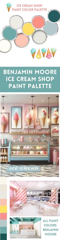 Tropical Paint Color Palette Benjamin Moore Ice Cream Shop Interior Design Coastal Beach Paint Scheme Aqua Boho Ice Cream Parlor Aesthetic - Etsy Ice Cream Parlor Aesthetic, Beach Kitchen Ideas Coastal Colors, Coastal Bedroom Paint Colors, Parlor Aesthetic, Ice Cream Shop Interior, Ice Cream Shop Interior Design, Coastal Farmhouse Color Palette, Coastal Paint Palette, Color Palette Benjamin Moore