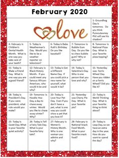 a valentine's day calendar with the words love and hearts in red glitters