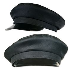 two black hats are sitting side by side on a white background, one has a visor and the other is a cap