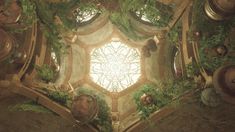 an overhead view of a room with plants and pots on the wall, looking up into the ceiling