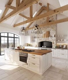 a kitchen with an oven, stove and counter tops in white painted wood planks