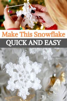 a snowflake ornament hanging from a christmas tree with text overlay that reads make this snowflake quick and easy