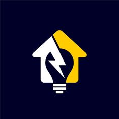 an electric light bulb with a house and lightning bolt inside it on a dark blue background