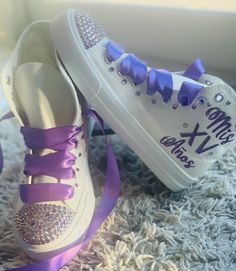 Pick your own colors and Personalized Dancers Sneakers for your Quinceañera. Remember to add your name and the date of the event on the Personalization tab. Perfect match for that dress, don’t forget to ask us for a matching Tiara - Crown.🌟Includes🌟- Pick shoelace colors. - The toe top is covered with bright rhinestones.- On the sides of the shoe (right & left), the idea/name/date is printed in solid or glitter color.- Date of the event on the back🧡You will receive🧡- One pair of Personalized Quinceanera Tennis Shoes, Purple Round Toe Party Sneakers, Quinceanera Shoes Sneakers Purple, Customizable Lace-up Sneakers For Gifts, Quince Shoes Sneakers Blue, Customizable White Sneakers For Party, Customizable Lace-up Sneakers For Gift, Quinceanera Sneakers Converse, Quinceanera Sneakers