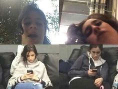 three pictures of people sitting on a couch with cell phones in their hands