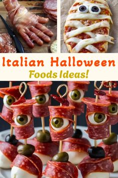 An array of Italian recipes with a Halloween twist, showcasing spooky and festive presentations. The text "15 Best Italian Halloween Recipes" encourages viewers to explore these creative dishes. Food Ideas List, Halloween Buffet Food, 80s Snacks, Vampire Halloween Party, Halloween Sandwiches, Halloween Bites, Party Sliders, Halloween Food Crafts, Creepy Food