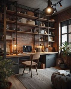 an industrial style home office with brick walls and open shelving, wooden floors, large windows, potted plants on the desk