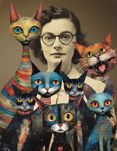 a woman is surrounded by cats painted in different colors