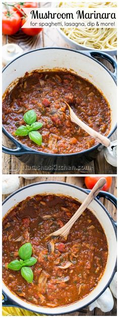 two pictures showing how to make the best mushroom marinara sauce