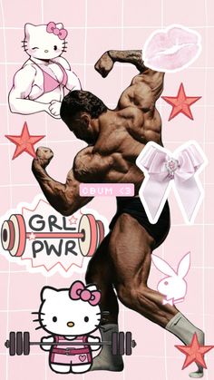 an image of a man doing exercises with hello kitty stickers on his chest and back