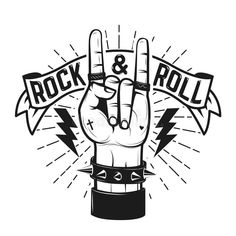 the rock and roll hand sign is shown in black and white with lightnings around it