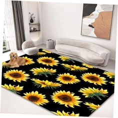 a dog is sitting on the floor in front of a sunflower print area rug