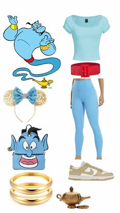 a woman in blue outfit next to items from the smurfs movie, including shoes and bracelets