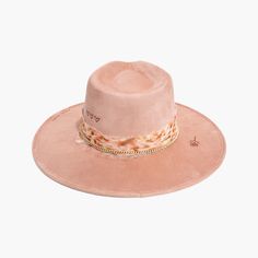 Blush Pink Short Brim Rancher Fedora Hat by AB.LINO Hand-made from stiffened Mexican suede with a rigid brim and crown, this style is designed to hold its shape through thick and thin. Accessorized with hand-dyed chiffon silk ribbon, dainty gold chain and hand-drawn graphics burned into the hat. Script on brim reads: more amor. Made from stiffened Mexican suede Spot / specialist clean Brim width: 4″ / 10.16 cm Crown height: 4″ – 4.75″ Rigid crown design Please note: due to the color and nature o Cowboys Hat, Dainty Gold Chain, Felt Cowboy Hats, Crown Design, Western Hats, Dyeing Process, Fall Favorites, Wide Brimmed Hats, Brim Hat