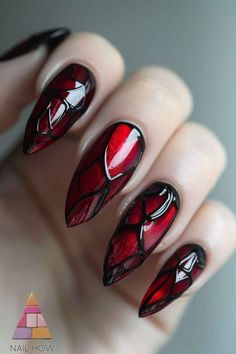 Game Of Thrones Nails Designs, Red Dragon Nails, Starlight Nails, Crazy Rings, Red And Black Nails, Red Nail Ideas, Vampy Nails, Glass Nails Art