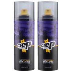 two purple sprays with yellow caps on them sitting next to each other in front of a white background