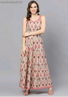 "HAND WOVEN MAXI DRESS *Sensationalize your wardrobe with this cream and pink sleeveless dress. *Tailored to sartorial perfection from premium quality fabric, it assures a soft and soothing touch against the skin.The round neck adds to its appeal. The printed pattern makes it a captivating choice. *Fabric:- Cotton *Wash Care:- Machine-wash *Color:- Cream & Pink *Neck/Collar:- Round neck *Model fit:- Model is 5'7\"/170 cms and is wearing S *Sleeve:- Sleeveless AVAILABLE IN 5 SIZES THEY ARE IN Traditional V-neck Dress With Digital Print, Bollywood Style Cotton Floor-length Dress, Pink Dress With Printed Motifs For Navratri, Cotton Maxi Dress For Navratri, Anarkali Dress With Digital Print For Navratri, Floor-length Cotton Dress For Eid, Bollywood Ankle-length Dresses With Printed Motifs, Bollywood Style Festive Dress With Digital Print, Pink Digital Print Dress For Festive Occasion