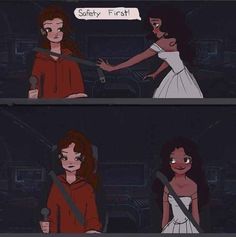 an animated comic strip with two women in white dresses and one is holding a knife