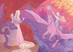 two princesses riding on horses in front of a dragon and another horse with long blonde hair